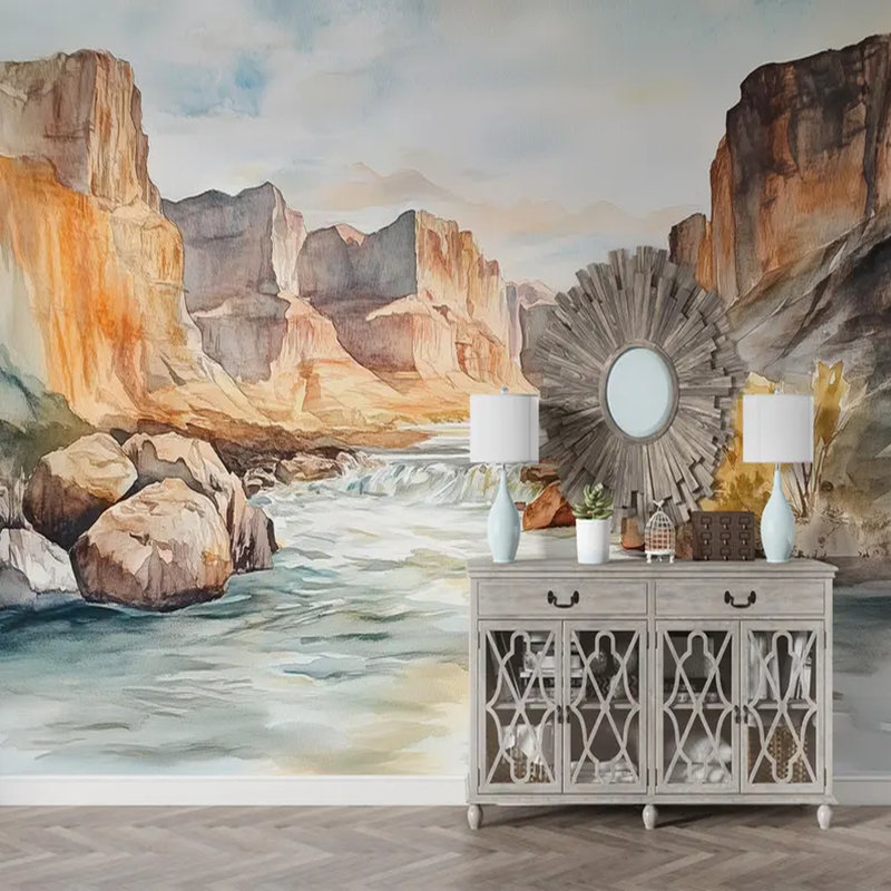 Murale aquarelle, paysage de rivière Canyon, L 108 po x l 96 po