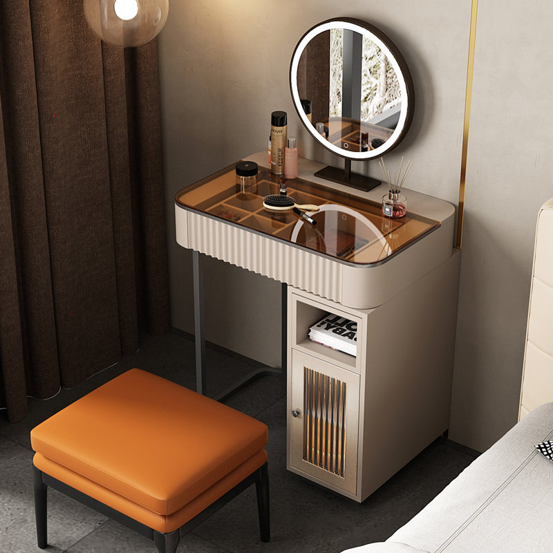 Dressing Table with Mirror, Grey/Pale Pink