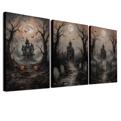 " Gothic Haunted House And Cemetery Path Halloween " 3 - Pieces