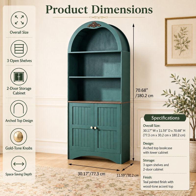 Meuble de rangement autoportant en MDF vert, style arc, orné d'appliques décoratives vintage, étagères réglables, double porte, design antibasculement, facile à assembler, idéal pour le salon et la salle à manger.