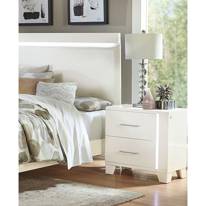 Armoire de chambre à coucher moderne avec finition blanche ultrabrillante, DEL et 2 chevets, glissières de tiroir