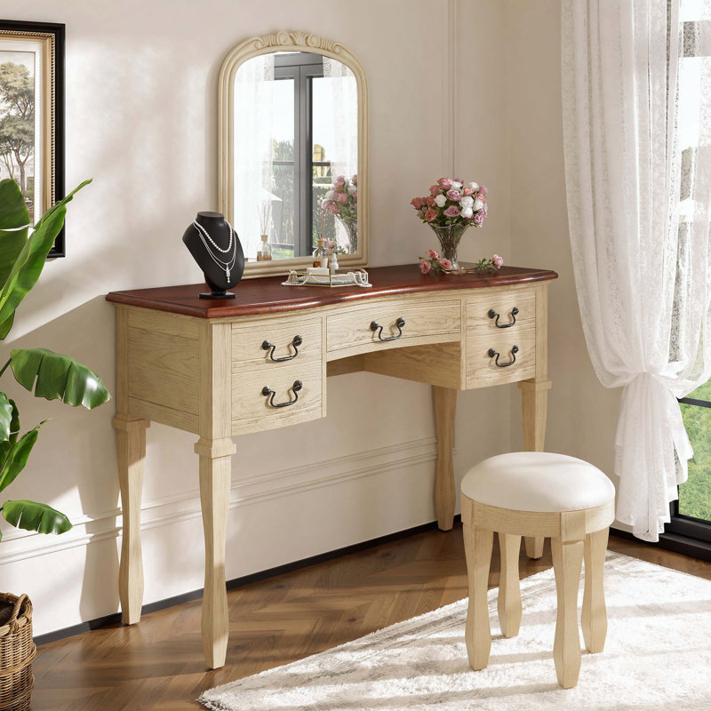 46" Vintage Makeup Vanity with Curved Flower Frame Mirror, 5 Drawers and Leather Stool