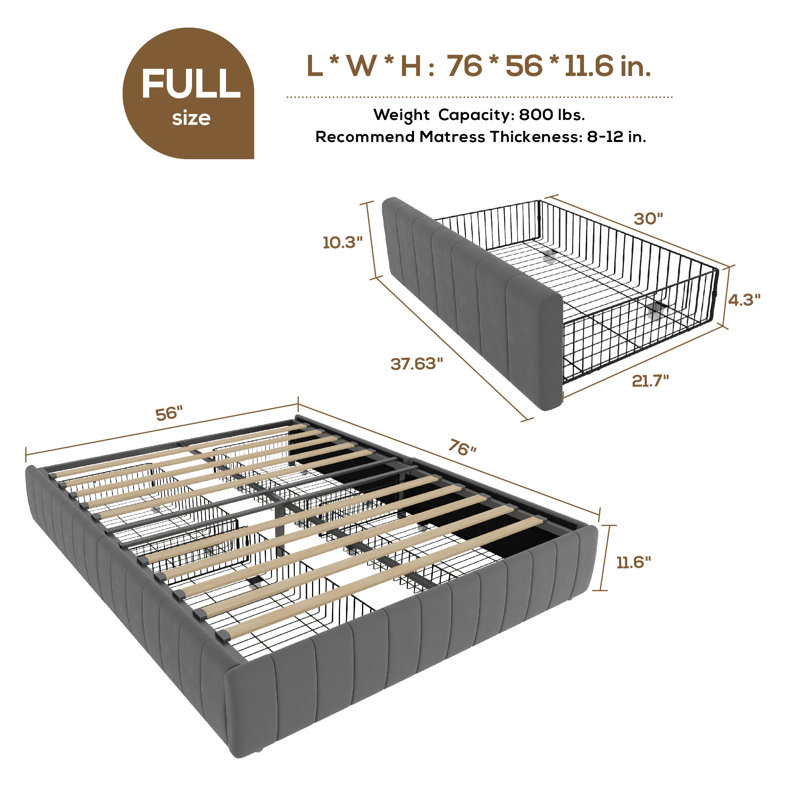 Modern Channel‑Tufted Upholstered Platform Storage Bed With 4 Locking Drawers, Grey, Full
