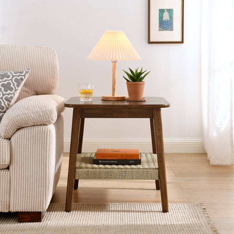 Table d'appoint de style Mid-Century de 23 po avec tablette tissée, table d'appoint Boho avec rangement, tables de chevet, petite table d'appoint pour canapé de salon, bureau de chambre à coucher, noyer foncé