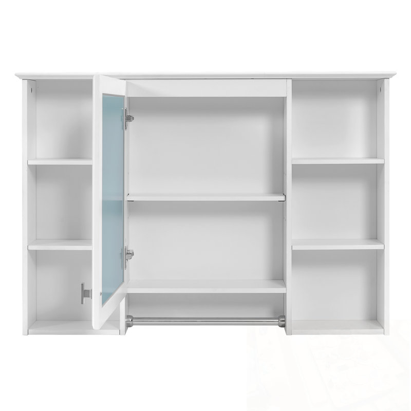 Armoire de salle de bain murale avec miroir, tablette réglable et tablettes ouvertes, Blanc