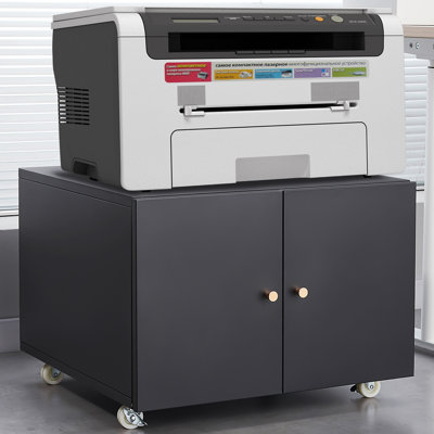 Black Metal Double-Door Printer Cabinet - 360° Lockable Casters, Crafted From Steel, Adjustable Shelves, Waterproof And Not Easy To Wear, Modern Design For Office, Home, Garage