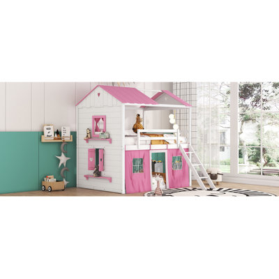 Bunk Wood House Bed With Elegant Windows