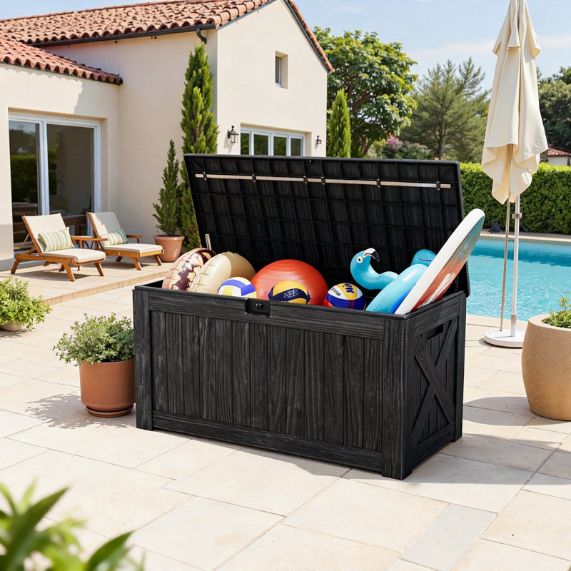 Outdoor Storage Box with Lid, 120-Gallon, 1-Unit, (Black), Black