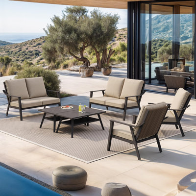  Ensemble de mobilier d'extérieur en rotin avec coussin épais Ensemble de conversation en métal robuste avec fauteuils, 2 causeuses et 2 tables basses