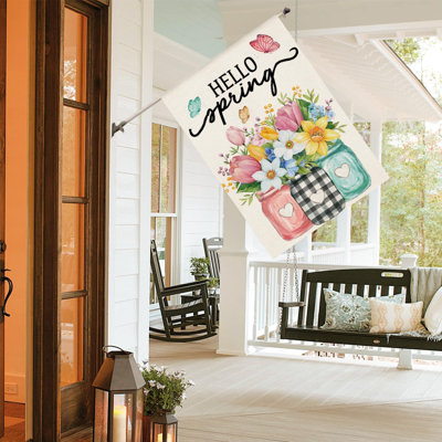 Hello Spring House Flag 28X40 Inch Double Sided Outside, Floral Mason Jar Holiday Yard Outdoor Flag