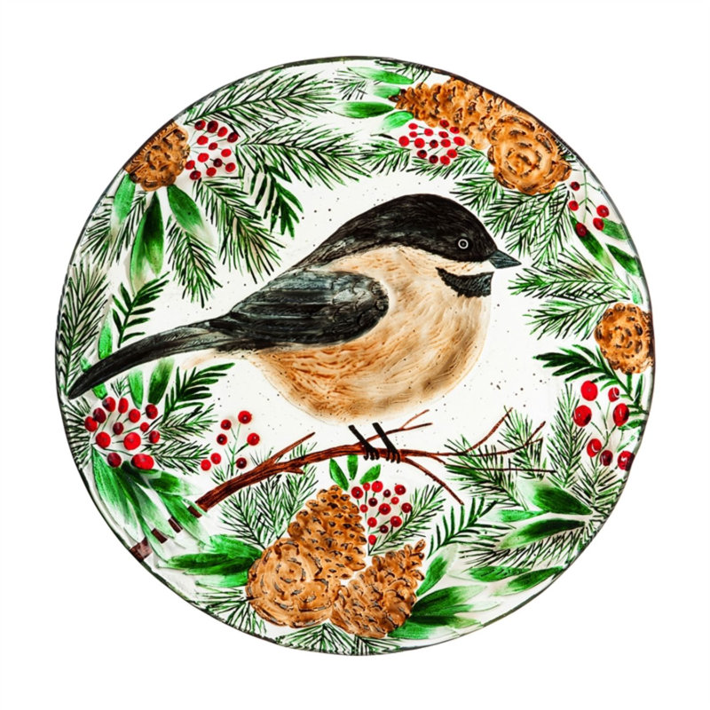 Bain d’oiseaux en verre estampé à la main à motif d’épinette et d’épinette d’hiver