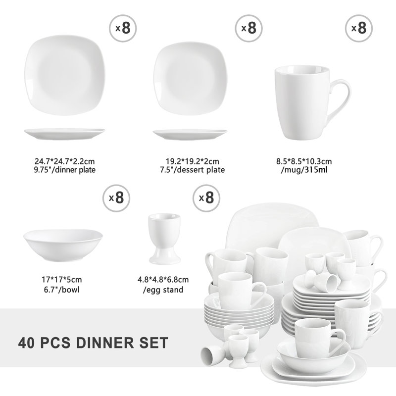 Porcelain China Dinnerware Set 40 Piece - Service for 8