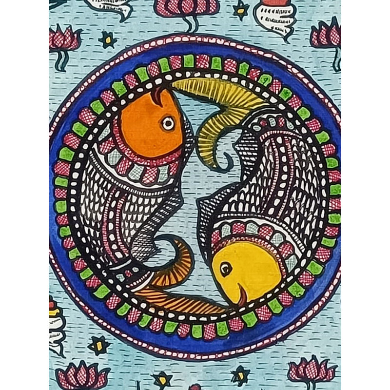 Paire de poissons d'étang | Cow Duck enduit sur un drap ivoire | Par Ruchi Agnihotri