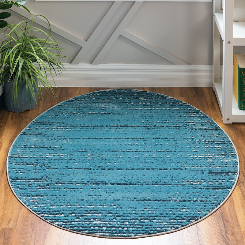 Tapis contemporain Araceli de couleur bleu océan, Rond 4 pi