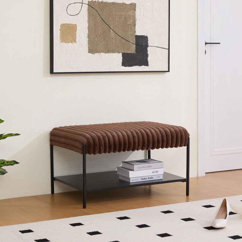 Upholstered Ottoman With Storage Shelf, Brown