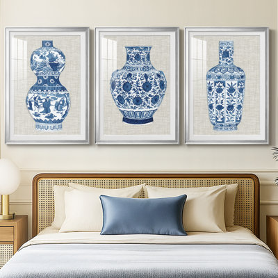 Ming Vase on Linen IV  -Custom Framed  Premium Print W Matt - 3 Pieces