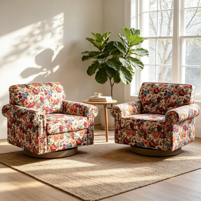 Fauteuil pivotant rembourré avec accoudoirs roulés et garniture cloutée, Beige Floral
