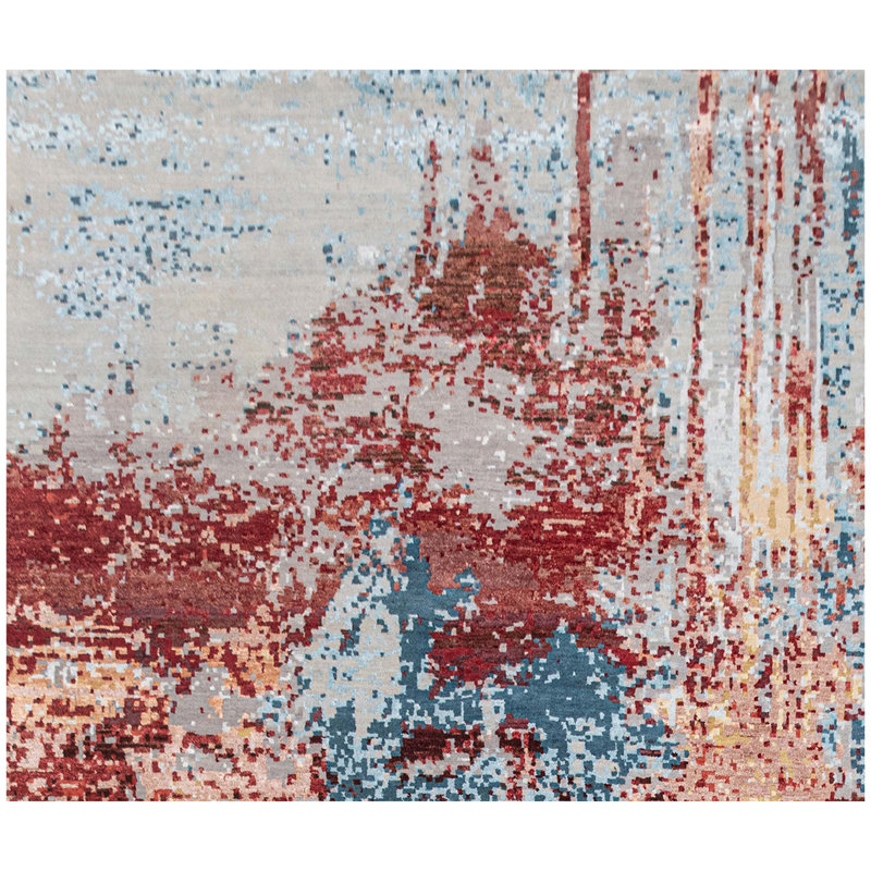 Hand Knotted Abstract Area Rug in Blue/Red/Silver, Rectangle 8' x 10'