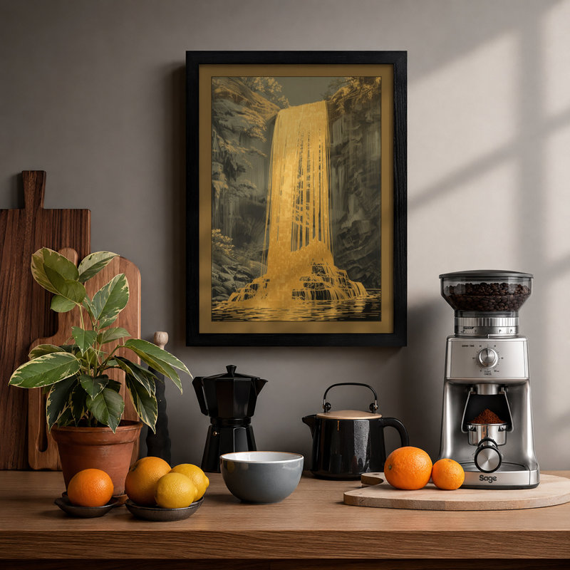Canyon Waterfall Landscape - Framed Print, A2 - 59.4 x 42.0 cm, Black