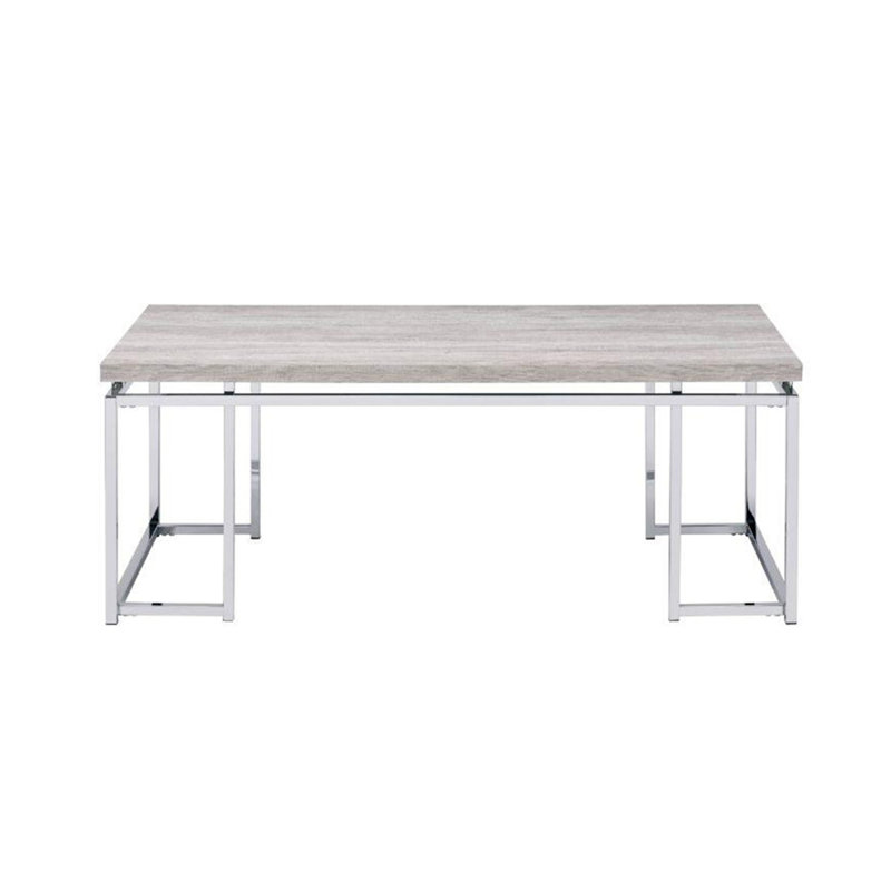 Table basse moderne moderne avec base de traîneau en métal chromé et plateau en placage de bois, parfaite pour les espaces de vie contemporains