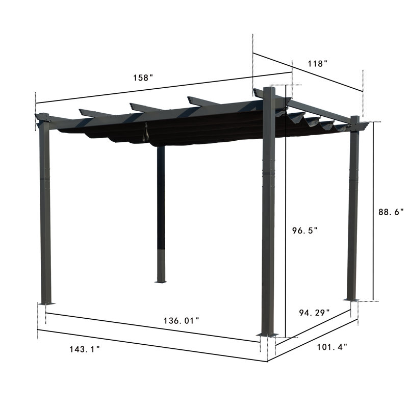 Gray Aluminum Outdoor Pergola with Retractable Canopy 10' x 13'