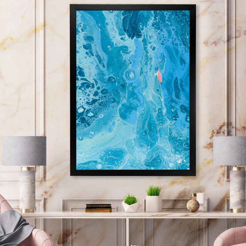 Turquoise, vagues de marbre fluides - peinture sur toile, Cadre noir, H 20 po x l 12 po