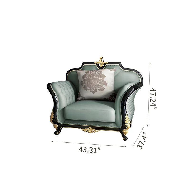 Cowhide European Villa Solid Wood Oak Sofa Leather Armchair, Green Genuine Leather, Black