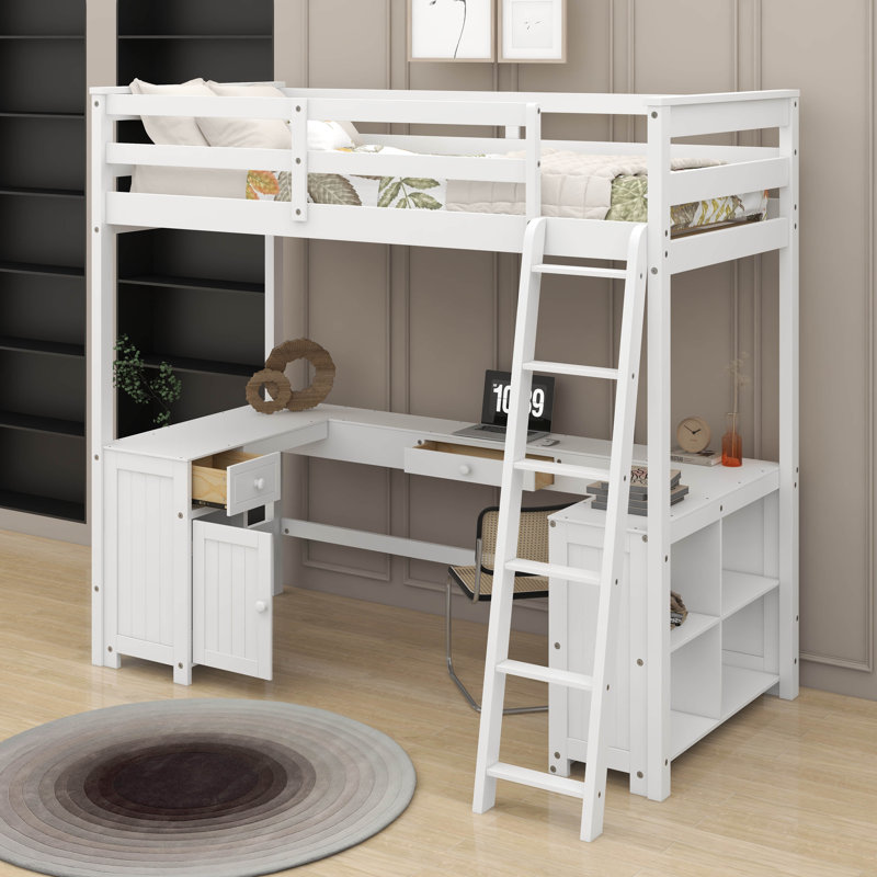 Lit mezzanine double avec bureau en U, tiroirs et tablettes, Blanc