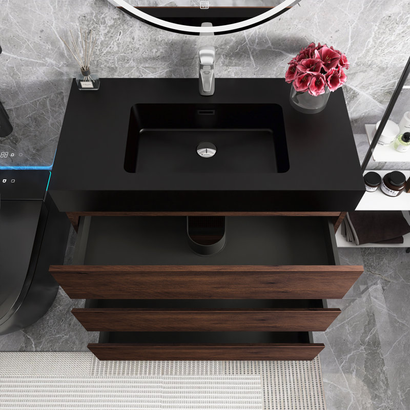 Angelinna 36" Freestanding Single Bathroom Vanity with Top, Walnut, Black