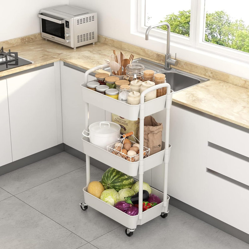 Chariot utilitaire roulant en plastique avec, Blanc, 29.92" H x 11.42" W x 15.35" D