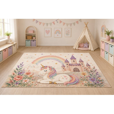Tapis « Ultra Fin » 152 x 213 cm (5' x 7') à motif de château de licorne, idéal pour chambre d'enfant, chambre à coucher, salon et bureau à domicile. Tapis doux à poils courts avec envers antidérapant en silicone.