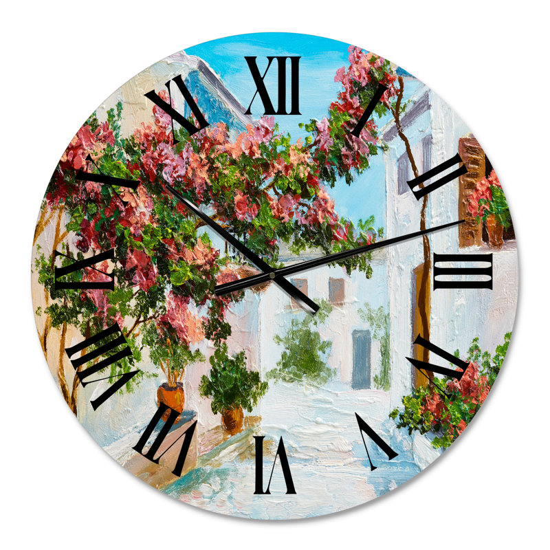 Maison blanche avec fleurs en fleurs près de la mer - Horloge murale nautique et côtière, Surdimensionné
