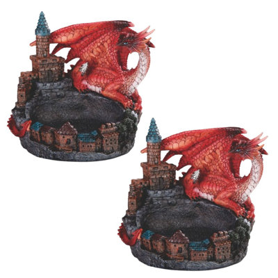 "2-PC Set" ICE ARMOR 6"W Red Dragon with Castle Dish Figurine Statue Sculpture Ornament Decoration Home/Room Decor and Perfect Gift Ideas for Housewarming, Holidays and Birthdays Great Collectible Addition