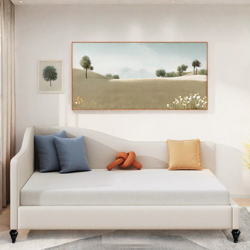 L-shaped Linen Daybed With Solid Wood Legs, Beige, Full