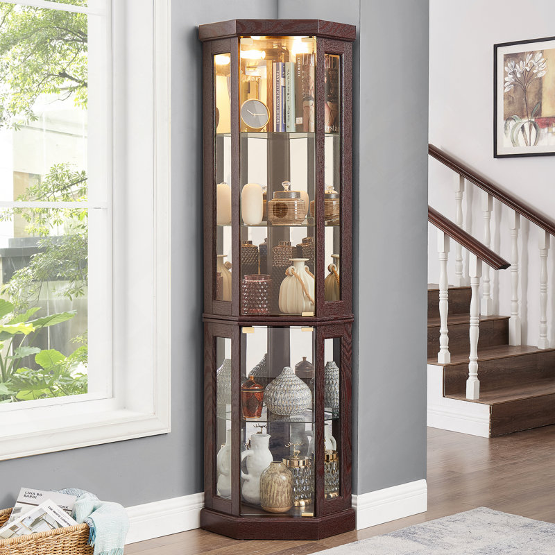 Corner Glass Cabinet, Lighted Curio Cabinet, Corner Display Case, Entryway Cabinet, Cherry