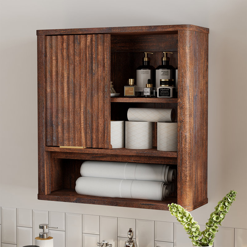 Armoire murale de salle de bain, armoire de rangement murale avec porte de grange coulissante et 1 tablette réglable ouverte pour la salle de bain et la cuisine