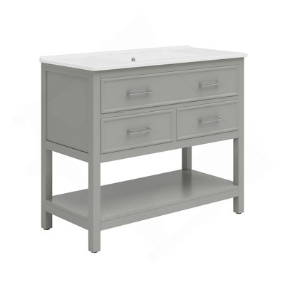 Meuble-lavabo 36 po avec lavabo en céramique, meuble-lavabo avec plateau basculant et 2 tiroirs pleine extension, poignées argentées et glissières à fermeture en douceur, 1 tablette ouverte en bas, gris