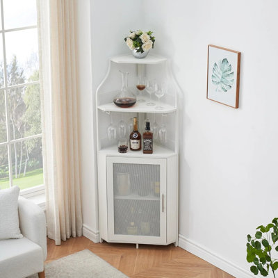 White Corner Bar Cabinet with Glass Hangers, Mesh Door and Adjustable Shelves