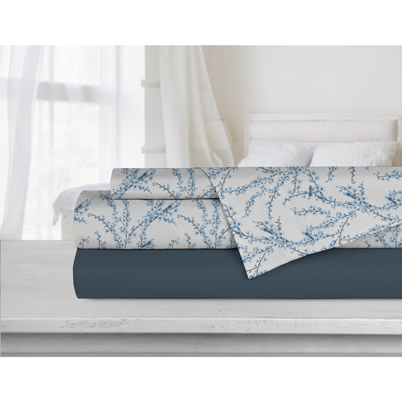 Microfiber Floral Sheet Set, Full Sheet Set + Fitted Sheet + 2 Pillowcases, Navy