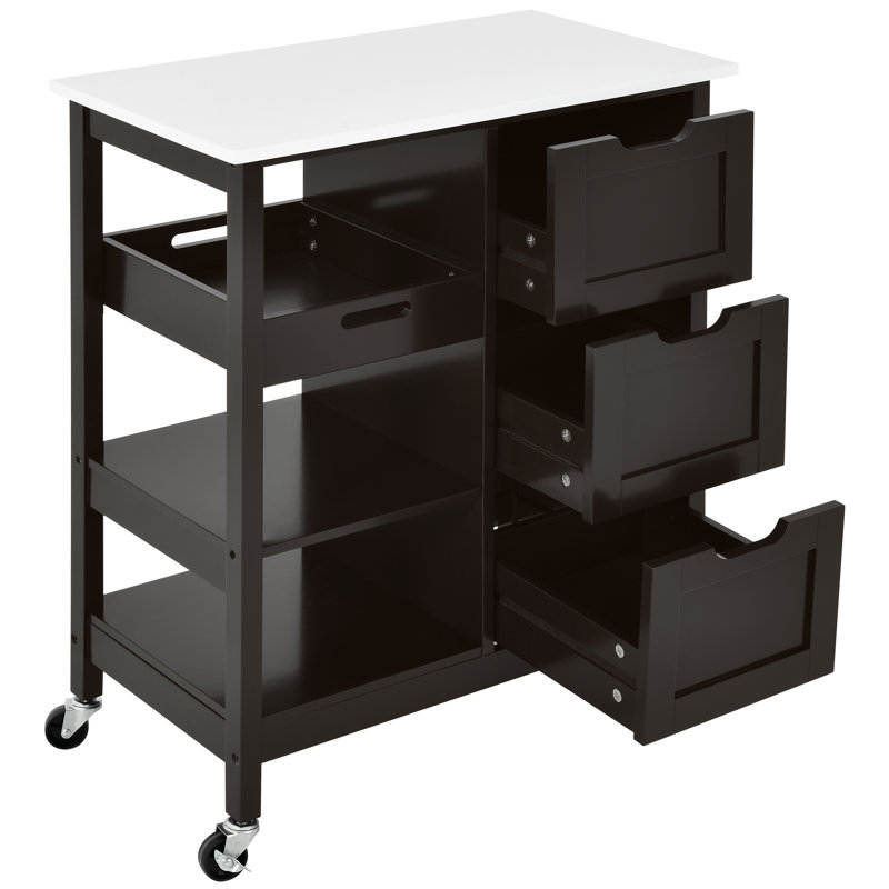 Ariayah Solid Wood Top Kitchen Island Cart with Wheels  & Drawers, Black/Brown