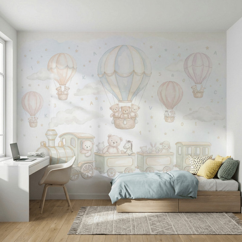Papier peint avec ballons à air chaud, 140 po x 108 po, Peler et coller