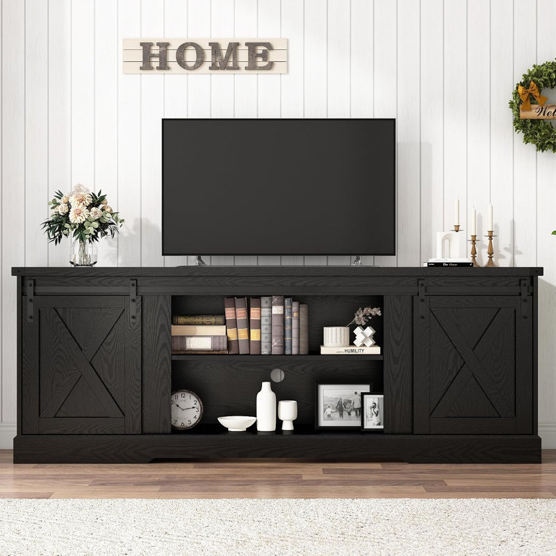 70.1" Farmhouse Electric Fireplace TV Stand with Sliding Barn Doors, Entertainment Center Media Console Fits Up to 80" TV, Storage Cabinets for Living Room