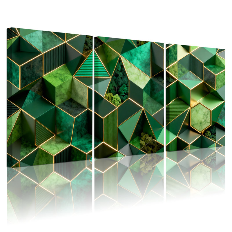 Ensemble de 3 tableaux muraux sur toile à motif géométrique abstrait vert, H 30 po x l 60 po