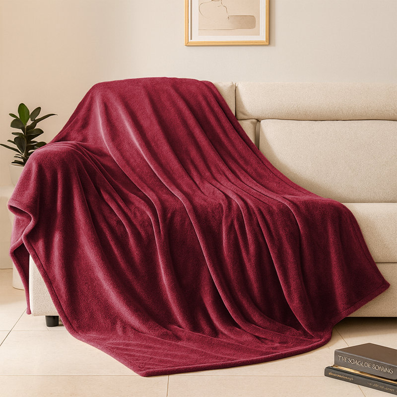 Fairmont Park Solid Color Lightweight, Warm Breathable, Soft Sherpa Fleece Blanket, Burgundy, Double 200cm x 150cm