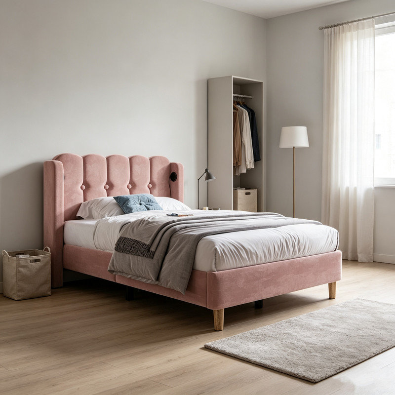 Upholstered Single (3') Velvet Bed, Pink