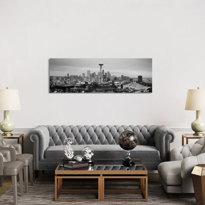 Seattle Panoramic Skyline Cityscape (Black & White - Evening) by Unknown Artist - Wrapped Canvas Panoramic Print