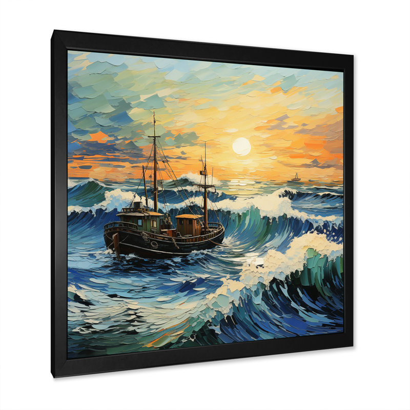 Vangogh paysage marin avec pêche en V, H 30 po x l 30 po x P 1 po, Cadre simple noir
