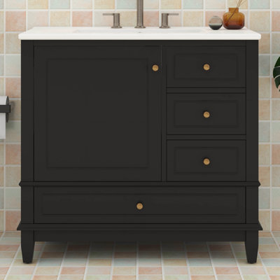 36" Bathroom Vanity With Ceramic Sink, MDF & Solid Wood Base, 3 Drawers And Shelves, Vanity Cabinet With 4-Inch Faucet Holes