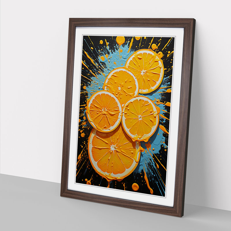 Sliced Orange Action - Single Picture Frame Print on Wood, 46cm H x 34cm W x 2cm D, Walnut