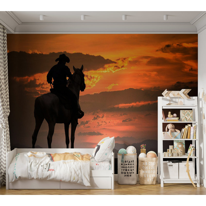 Murale pelez et collez de qualité supérieure - Silhouette coucher de soleil cowboy, L 40 po x l 60 po